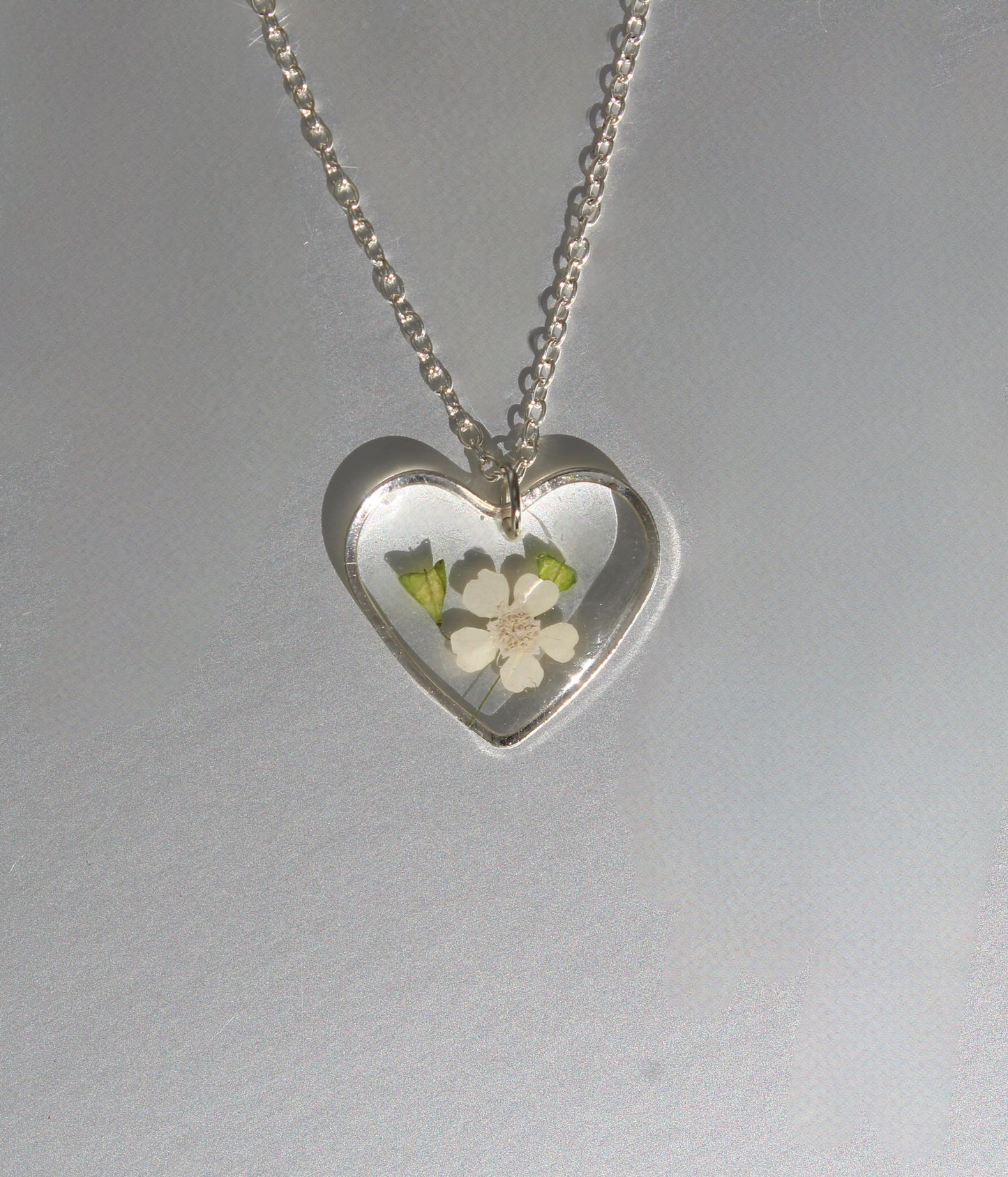 Pressed White Wildflower Heart Necklace Silver
