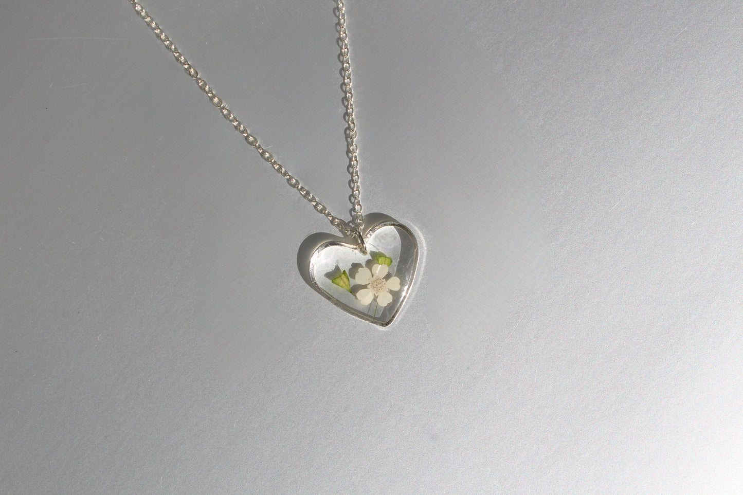 Pressed White Wildflower Heart Necklace Silver