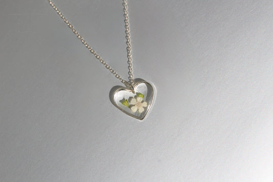 Pressed White Wildflower Heart Necklace Silver