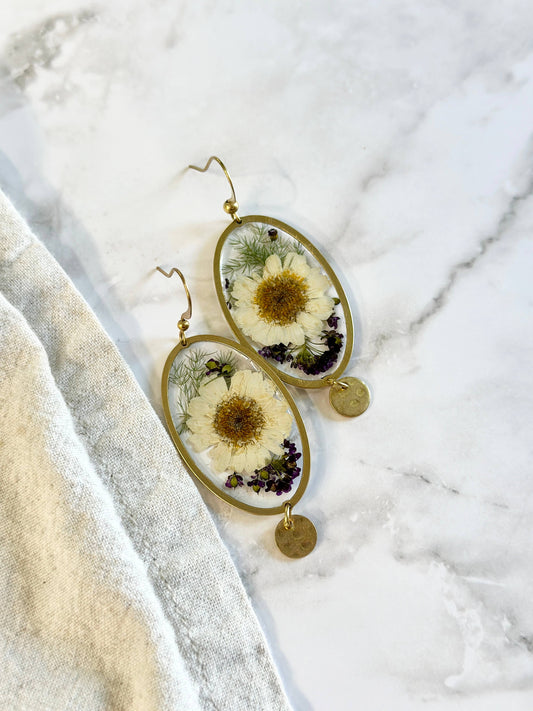 Feverfew, Alyssum, & Asparagus Fern | Brass Jewelry