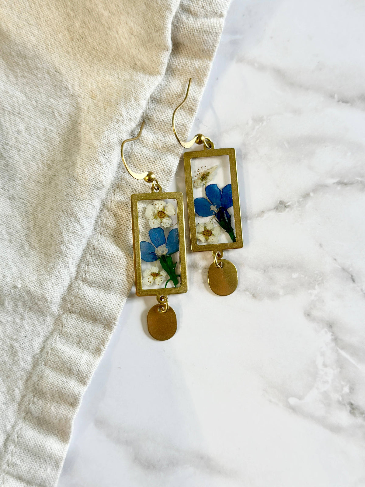 Pressed  Blue Lobelia & Bridal Wreath Earrings