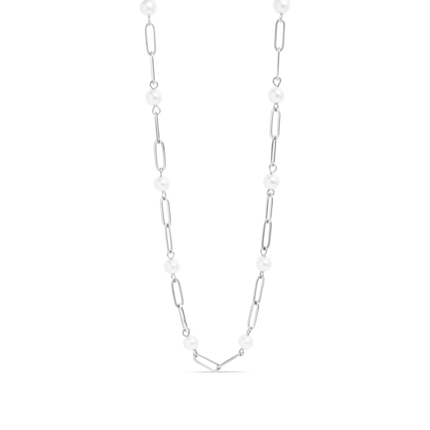 18K Gold PVD Steel Station Pearl Paperclip Chain Necklace