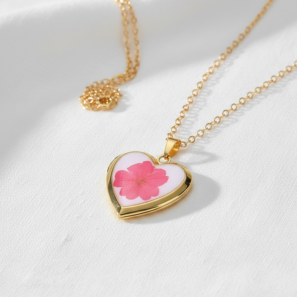 Preserved Floral Heart Locket Necklace