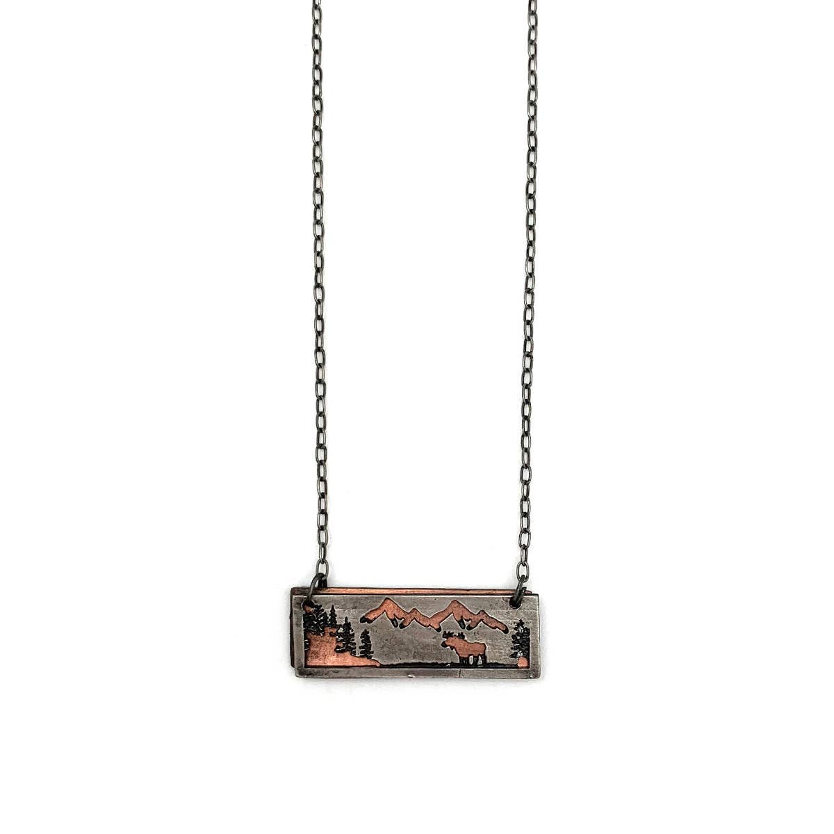 Necklace - Moose in Rectangle Copper/Silver