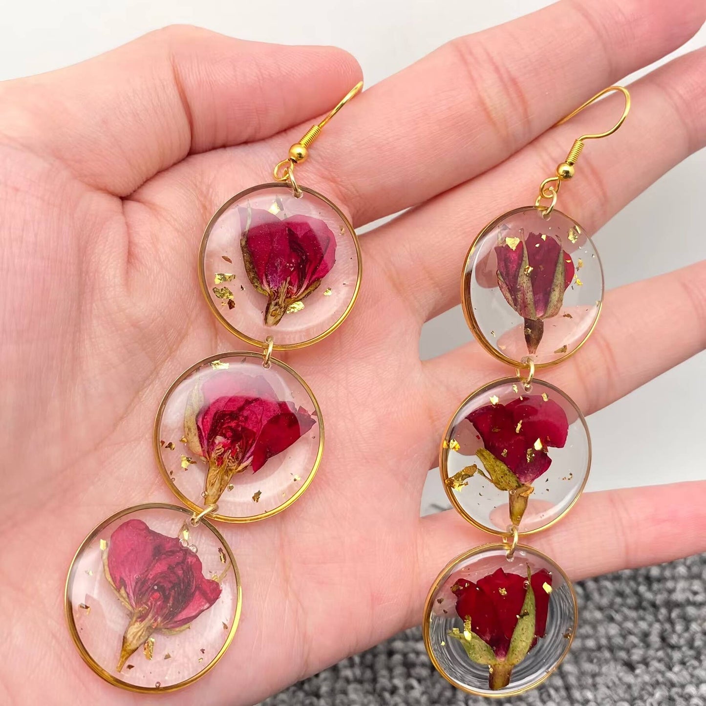 Triple Rose Charm  Dangle Earrings