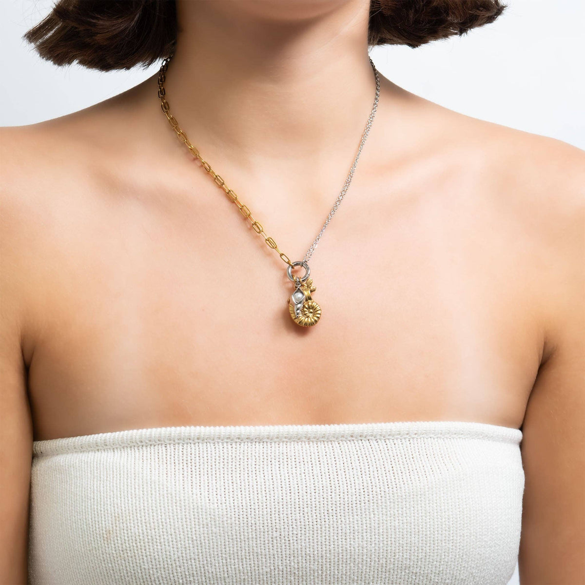 Mixed Metal Double Chain Charm Holder Necklace