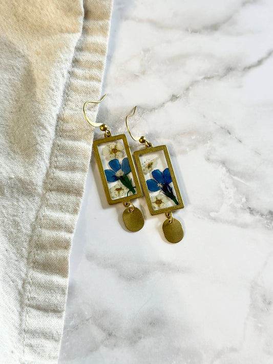 Pressed  Blue Lobelia & Bridal Wreath Earrings