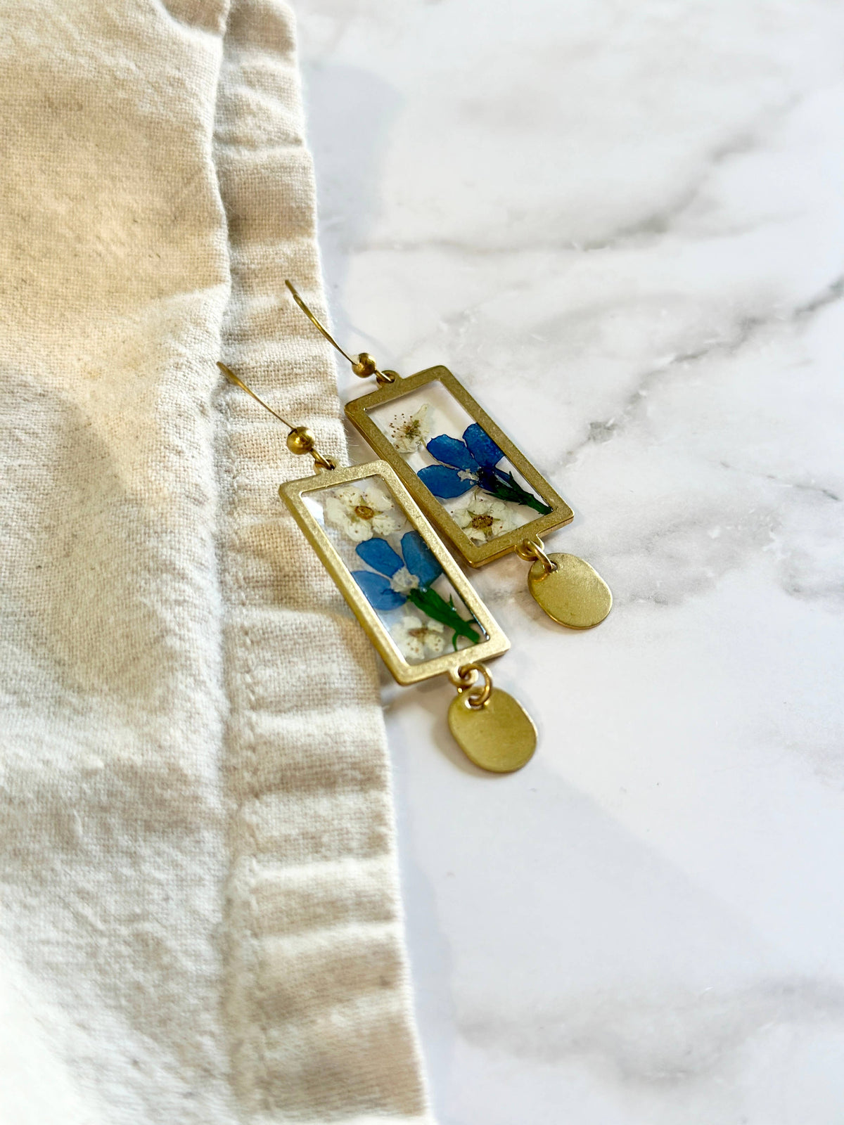 Pressed  Blue Lobelia & Bridal Wreath Earrings