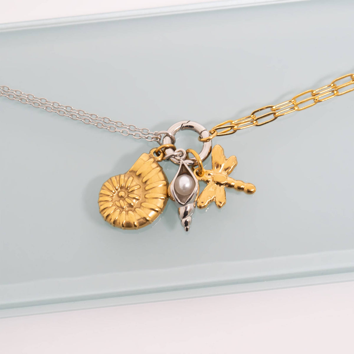 Mixed Metal Double Chain Charm Holder Necklace