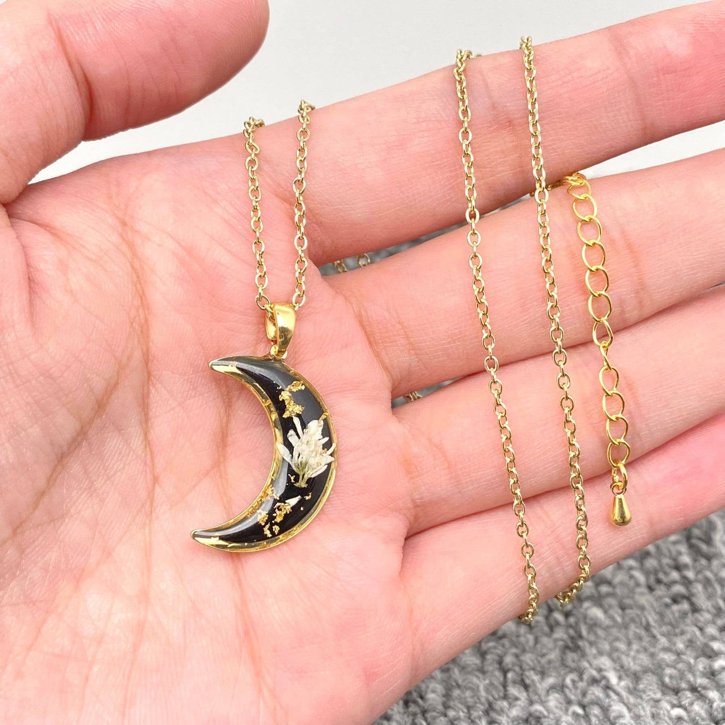 Floral Black Moon Charm Necklace