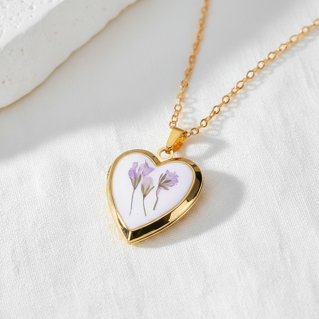 Preserved Floral Heart Locket Necklace