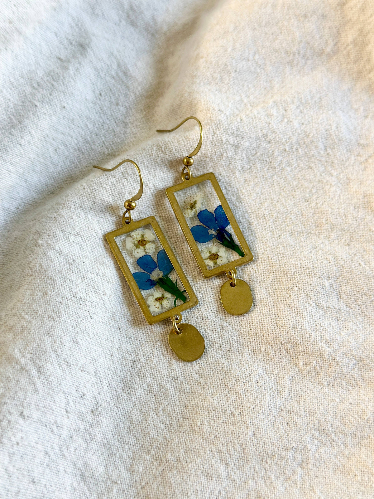 Pressed  Blue Lobelia & Bridal Wreath Earrings