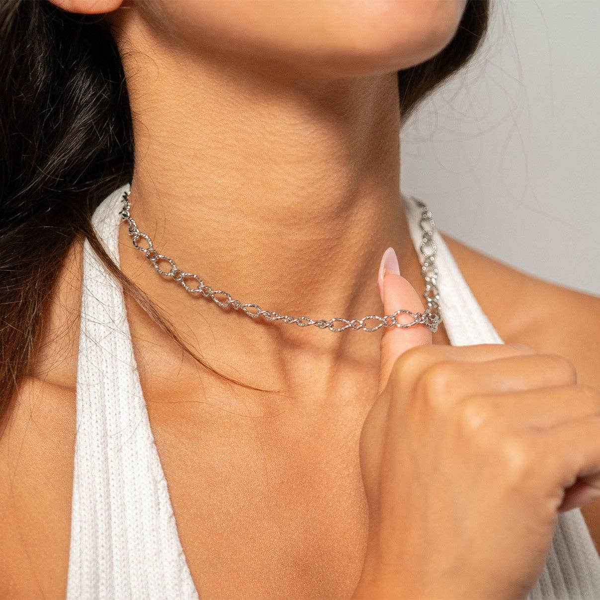 Steel Hammered Oval Chain Necklace