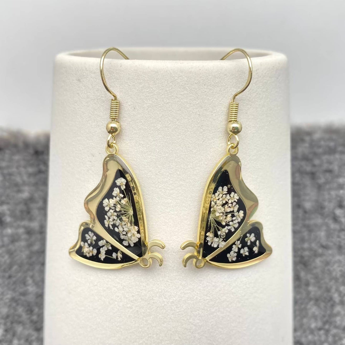 Queen Anne's Lace Black Butterfly Earrings